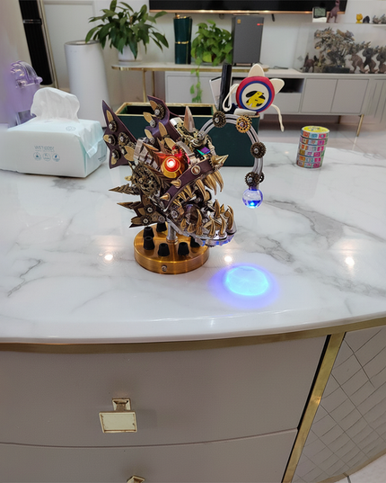 A steampunk-style lanternfish model 3D assembly kit, perfect for DIY enthusiasts when placed on a modern, whimsical desk