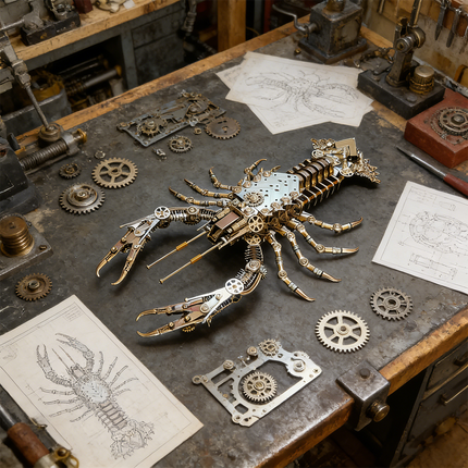 An exquisitely detailed steampunk mech lobster maquette en metal with golden and silver elements, surrounded by gears, tools, and blueprints on a metal workbench. This complex 3D metal model kit is a fascinating steampunk puzzle for enthusiasts of intricate mechanical designs.
