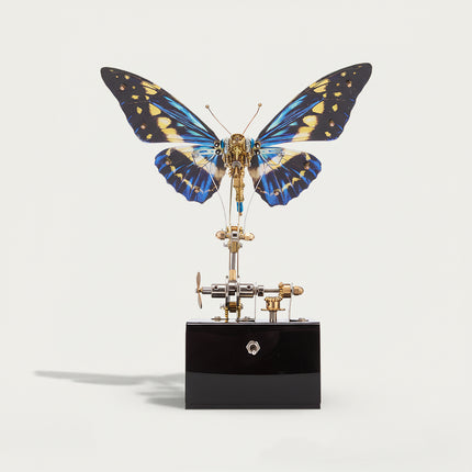 Full frontal view of a blue-winged steampunk butterfly metal model, an impressive funny table centerpiece. This DIY 3D puzzle metal kit combines vivid aesthetics with intricate mechanical movement.