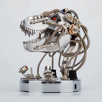 Side profile of a detailed mechanical steampunk T-Rex head metal model, featuring visible gears, springs, and a metallic finish, an advanced 3D puzzle from Metal Kits for steam punk mech fans.