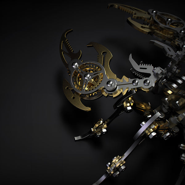 Steampunk Scorpion Pincer Detail - Close-up of the gear-integrated claw from a 3D Puzzle Metal Kit, featuring polished brass and black mechanical components. This DIY metal model part highlights intricate screw joints and interlocking gears, embodying the vintage-industrial charm that makes the finished piece a standout decor for any funny table.