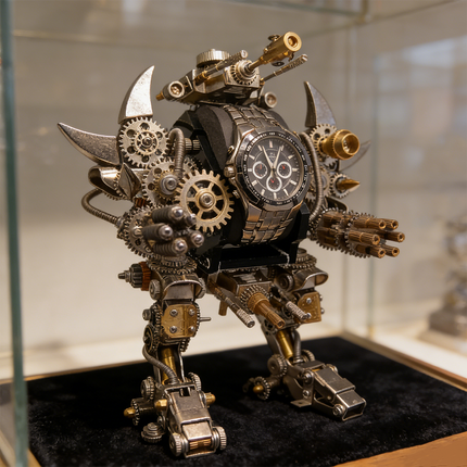 Showcase display of a detailed `mechanical steampunk` `steam punk mech` `metal model`, featuring a functional watch and numerous gears, an ideal `3D puzzle` from `metal kits`