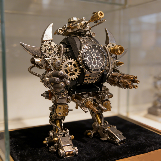 Showcase display of a detailed `mechanical steampunk` `steam punk mech` `metal model`, featuring a functional watch and numerous gears, an ideal `3D puzzle` from `metal kits`