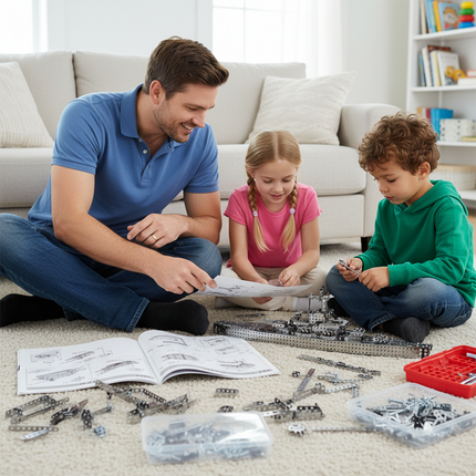 A father and two children enjoying a DIY 3D puzzle Metal Kits session, assembling a detailed metal model battleship on the living room floor. This engaging activity brings families together, creating a funny table centerpiece or a cherished display for any desk