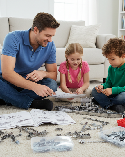 A father and two children enjoying a DIY 3D puzzle Metal Kits session, assembling a detailed metal model battleship on the living room floor. This engaging activity brings families together, creating a funny table centerpiece or a cherished display for any desk