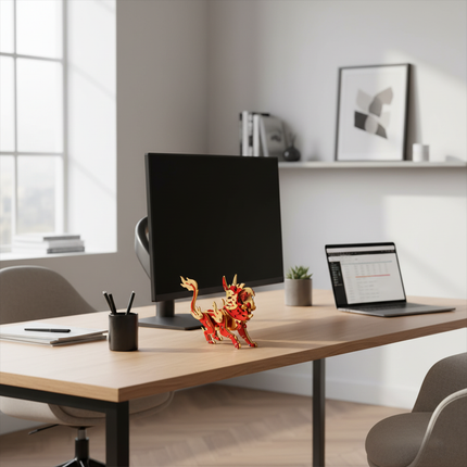  Red and gold metal model of a mythical creature, displayed as a modern funny table decoration on a sleek office desk with a monitor and laptop. This DIY 3D puzzle metal kit adds a creative touch as a desk metal model.