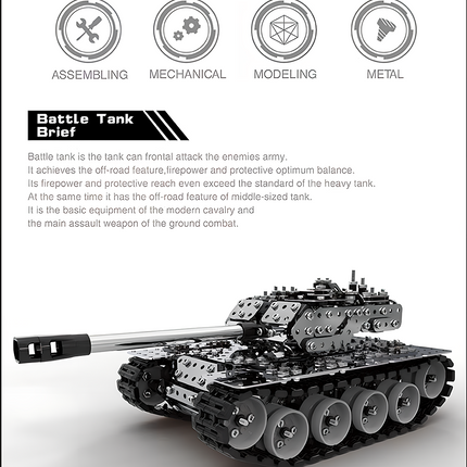 A detailed metal model of a battle tank with tracks, accompanied by icons for ASSEMBING, MECHANICAL, MODELING, and METAL. This DIY 3D puzzle offers a challenging build from our Metal Kits collection, ideal for a funny table display. The tank features off-road capability, superior firepower, and protective balance