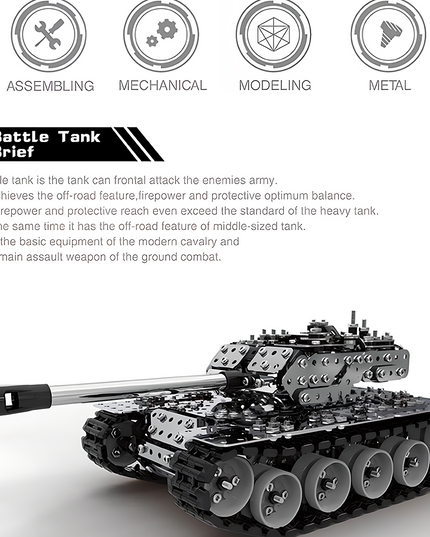 A detailed metal model of a battle tank with tracks, accompanied by icons for ASSEMBING, MECHANICAL, MODELING, and METAL. This DIY 3D puzzle offers a challenging build from our Metal Kits collection, ideal for a funny table display. The tank features off-road capability, superior firepower, and protective balance