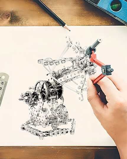 Creative concept image showing hands sketching and assembling a metal mechanical model — representing the process of transforming engineering design into reality