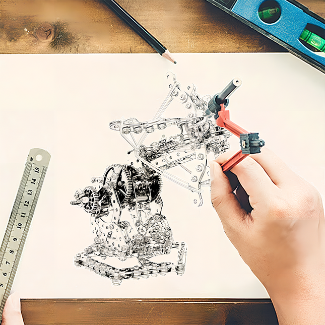 Creative concept image showing hands sketching and assembling a metal mechanical model — representing the process of transforming engineering design into reality