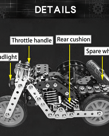 Detailed infographic of a Metal Kits motorcycle model with labeled headlight, throttle handle, spring rear cushion and spare wheel, highlighting its mechanical features on a dark background