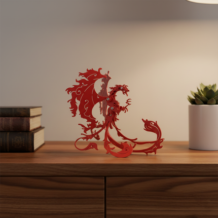 The Red Vermilion Bird 3D Metal Puzzle, as a modern home decor piece, sits elegantly on a wooden desk, serving as a distinctive shelf ornament alongside books and succulent plants