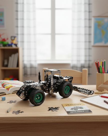 This Mechanical Cultivator 3D Metal Puzzle Kit features a detailed design with interlocking metallic components and green-accented wheels. Showcased on a children’s desk in a playful bedroom setting, it blends mechanical engineering aesthetics with a realistic cultivator form. Serving as both an engaging assembly project and a distinctive display piece, it fosters hands-on creativity and is ideal for young hobbyists and puzzle lovers, adding a touch of mechanical fun to playtime and study spaces.