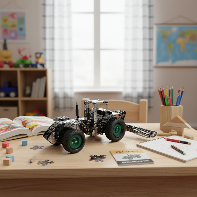 This Mechanical Cultivator 3D Metal Puzzle Kit features a detailed design with interlocking metallic components and green-accented wheels. Showcased on a children’s desk in a playful bedroom setting, it blends mechanical engineering aesthetics with a realistic cultivator form. Serving as both an engaging assembly project and a distinctive display piece, it fosters hands-on creativity and is ideal for young hobbyists and puzzle lovers, adding a touch of mechanical fun to playtime and study spaces.