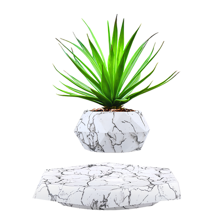 Floating geometric plant pot with elegant marble pattern, modern levitating desk decor