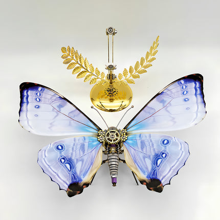 A breathtaking overhead view of a steampunk puzzle, a magnificent mechanical butterfly with wide, luminous blue and purple transparent wings, showcased majestically above a golden stand with intricate details. This symmetrical metal model highlights the profound mechanical steampunk design, making it an impressive 3D puzzle Metal Kit for hobbyists or a captivating steampunk mech display piece that embodies ethereal beauty and advanced engineering from above.