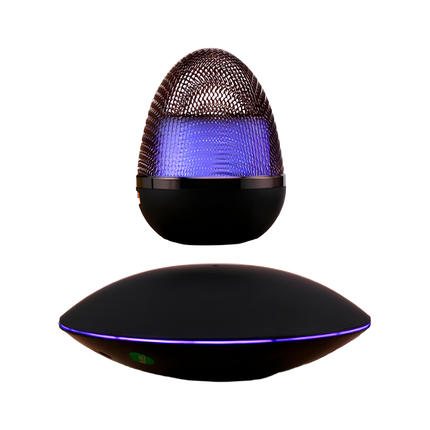 Egg-shaped mesh diffuser lamp emitting blue LED glow, levitating above a black UFO base with touch controls and color-changing halo – modern magnetic levitation décor
