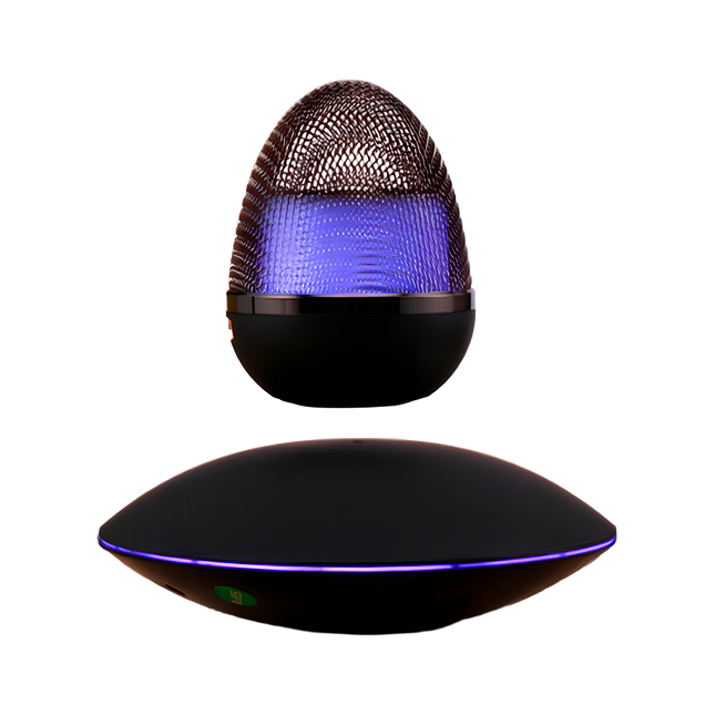 Egg-shaped mesh diffuser lamp emitting blue LED glow, levitating above a black UFO base with touch controls and color-changing halo – modern magnetic levitation décor