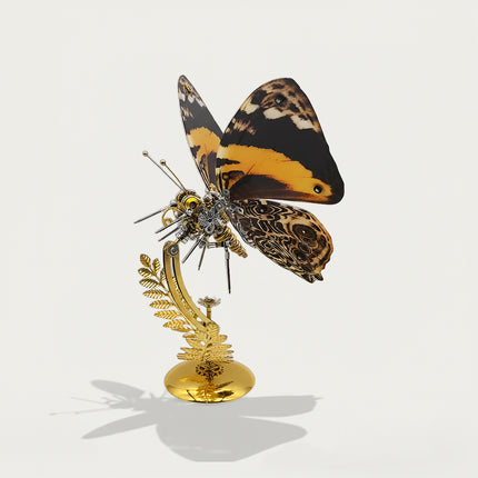 Black-orange patterned steampunk butterfly DIY 3D puzzle metal model - mechanical funny table decor from metal kits, fern-shaped golden stand ornament
