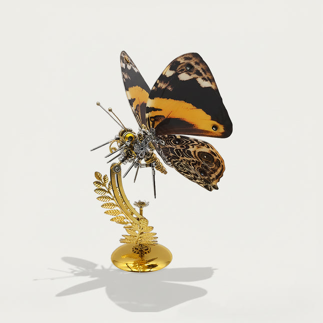 Black-orange patterned steampunk butterfly DIY 3D puzzle metal model - mechanical funny table decor from metal kits, fern-shaped golden stand ornament