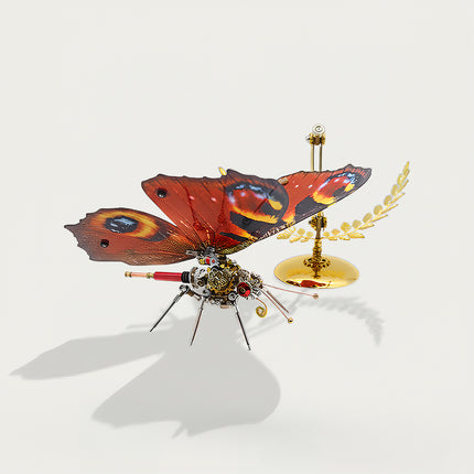 Red-brown eye-spotted steampunk butterfly DIY 3D puzzle metal model - detachable golden stand funny table decor from metal kits, mechanical insect ornament