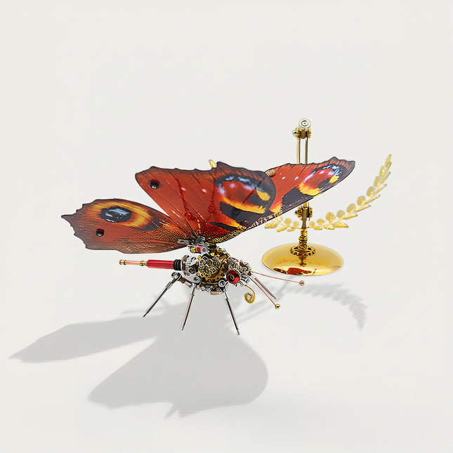 Red-brown eye-spotted steampunk butterfly DIY 3D puzzle metal model - detachable golden stand funny table decor from metal kits, mechanical insect ornament