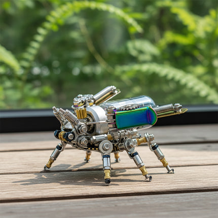 A charming steampunk mech insect maquette en metal with iridescent details, sitting on a wooden surface with greenery in the background. This intricate 3d metal model kit offers a unique steampunk puzzle experience for hobbyists.