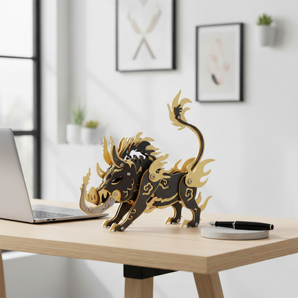 A black and gold metal model named Dangkang serves as a unique and whimsical desktop decoration, placed beside a laptop on a modern office desk. This DIY 3D puzzle metal kit makes the perfect metal model for the office or home