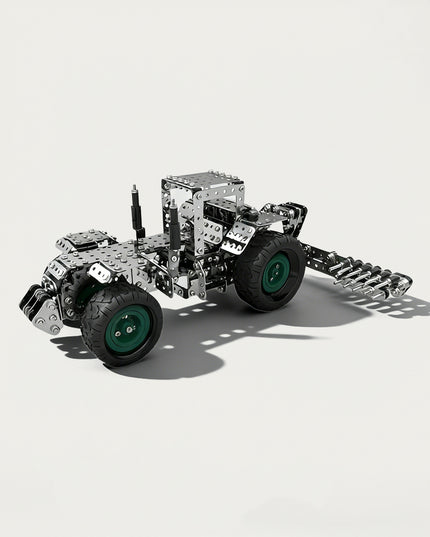 Agricultural Tractor with Harrow 3D puzzle Metal Kits - DIY assembled table funny model, a mechanical farm vehicle with specialized, intricate, and detailed tillage components, offering fun and challenging assembly, and precise metal artistry for unique desktop decoration