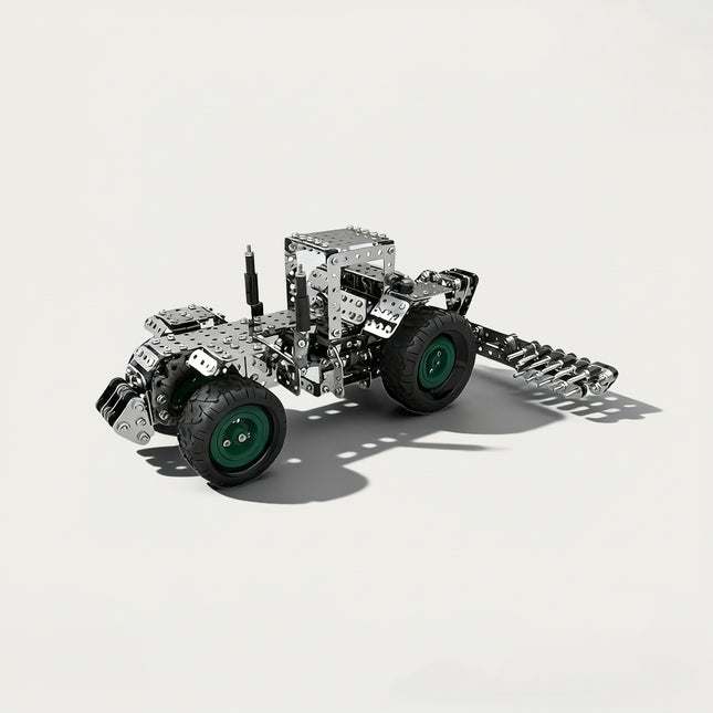 Agricultural Tractor with Harrow 3D puzzle Metal Kits - DIY assembled table funny model, a mechanical farm vehicle with specialized, intricate, and detailed tillage components, offering fun and challenging assembly, and precise metal artistry for unique desktop decoration
