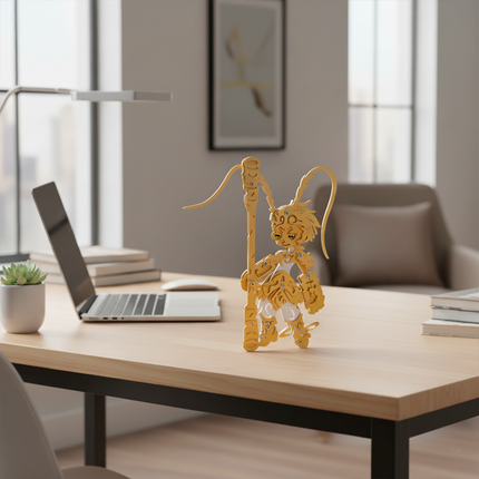 Monkey King Metal Model Kit on a modern desk, perfect for funny table decor. This DIY 3D puzzle offers an engaging building experience.