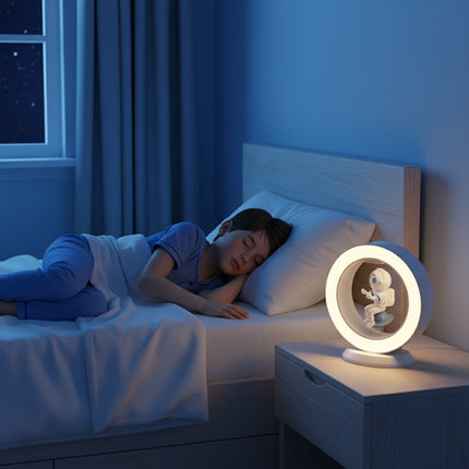 An astronaut figurine floats within an illuminated ring-shaped halo light, placed beside the bedside table of a sleeping boy, creating a warm nighttime ambiance