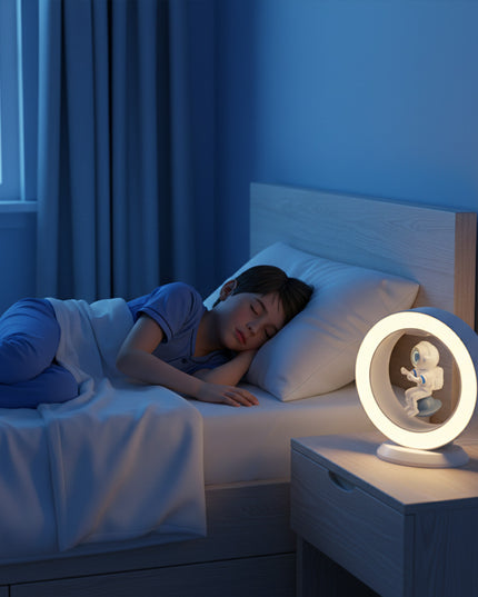 An astronaut figurine floats within an illuminated ring-shaped halo light, placed beside the bedside table of a sleeping boy, creating a warm nighttime ambiance
