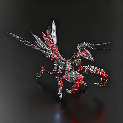 Striking mechanical insect metal model kit with sharp, translucent red and silver wings and a complex, articulated body. This advanced metal 3D puzzle challenges builders with its intricate design and steampunk aesthetic.