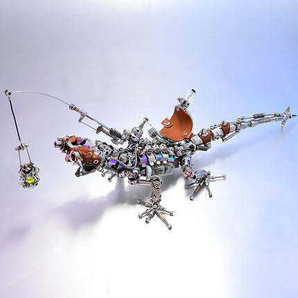  Steampunk mechanical lizard metal model with fishing rod and bait, a creative 3D puzzle for mechanical steampunk fans and collectors.