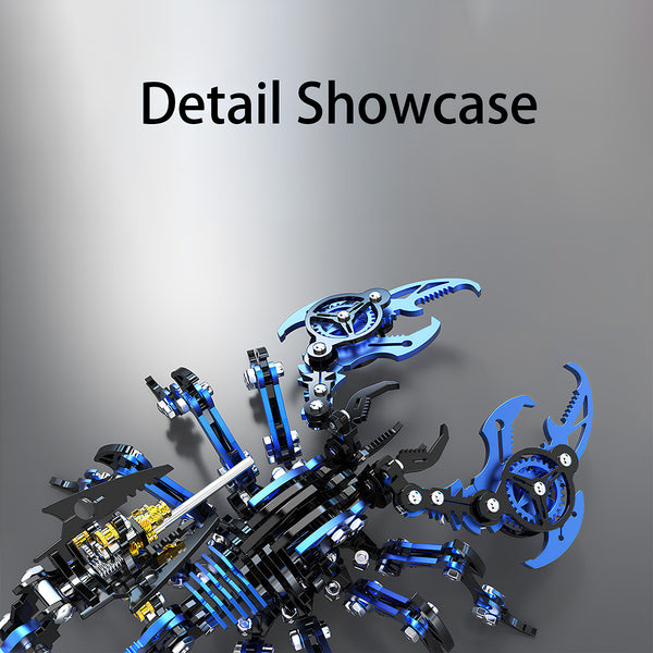 Detail Showcase of a blue and black mechanical scorpion metal model, highlighting the intricate claws, gears, and segmented body. This DIY 3D puzzle reveals the complex engineering of the Metal Kits, making a fascinating funny table display.