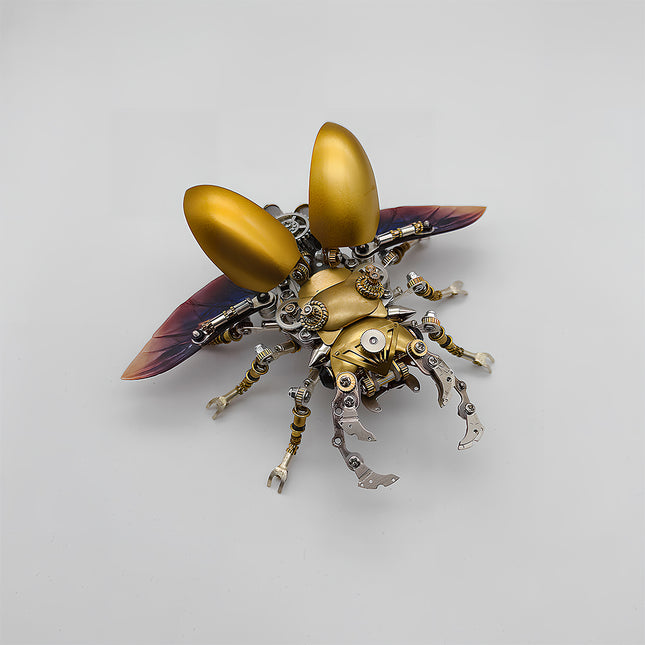 This is a finished steampunk-style mechanical beetle 3D metal puzzle: Crafted from gold and silver-toned metal, it replicates the beetle’s form—boasting a shiny gold curved shell, plus new transparent wings with purple gradient. Gears, axles and other mechanical components are densely embedded in the body and multiple legs. Rich in details and exquisitely crafted, it enhances a sense of technology and metallic texture via vintage industrial-style elements, serving as a creatively designed decorative desktop