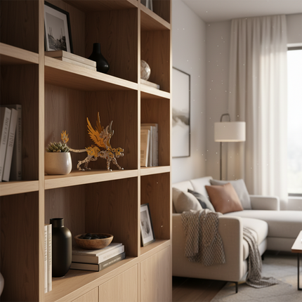 Elevate your home decor taste: A polished gold metal craft kit displayed on a minimalist bookshelf serves as the perfect finishing touch for modern living spaces