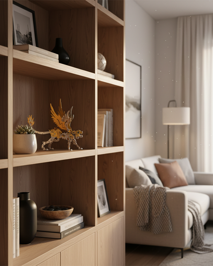 Elevate your home decor taste: A polished gold metal craft kit displayed on a minimalist bookshelf serves as the perfect finishing touch for modern living spaces