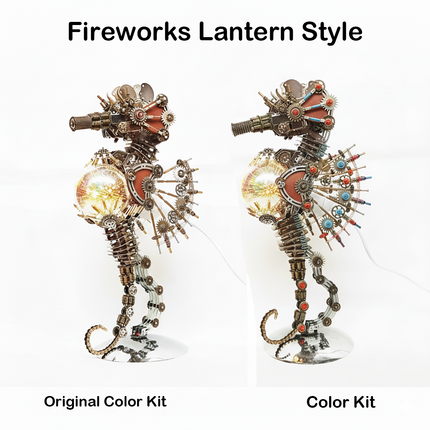 This Steampunk Mechanical Seahorse 3D Puzzle Metal Kit comes in a "Fireworks Lantern Style" with two variants: the Original Color Kit (featuring warm, metallic tones) and the Color Kit (with vibrant red and blue accents). Both designs integrate intricate gears, mechanical components, and an illuminated spherical element that mimics a fireworks display. Set on your funny table as a focal display.