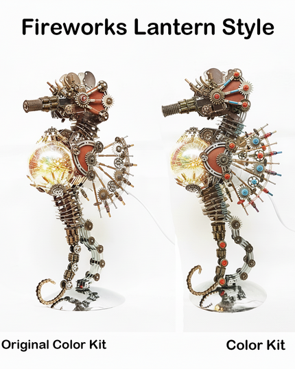 This Steampunk Mechanical Seahorse 3D Puzzle Metal Kit comes in a "Fireworks Lantern Style" with two variants: the Original Color Kit (featuring warm, metallic tones) and the Color Kit (with vibrant red and blue accents). Both designs integrate intricate gears, mechanical components, and an illuminated spherical element that mimics a fireworks display. Set on your funny table as a focal display.