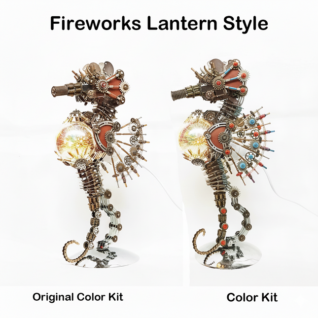 This Steampunk Mechanical Seahorse 3D Puzzle Metal Kit comes in a "Fireworks Lantern Style" with two variants: the Original Color Kit (featuring warm, metallic tones) and the Color Kit (with vibrant red and blue accents). Both designs integrate intricate gears, mechanical components, and an illuminated spherical element that mimics a fireworks display. Set on your funny table as a focal display.