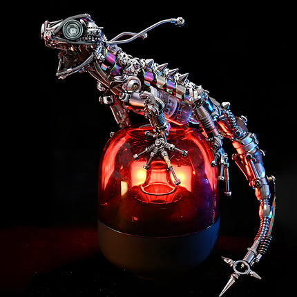  Steampunk mechanical lizard metal model with intricate details and iridescent scales, posed on a glowing red base, a captivating 3D puzzle.