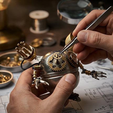 Hands-on assembly of a DIY steam punk mech using precision tweezers for intricate gear placement on a metal model.