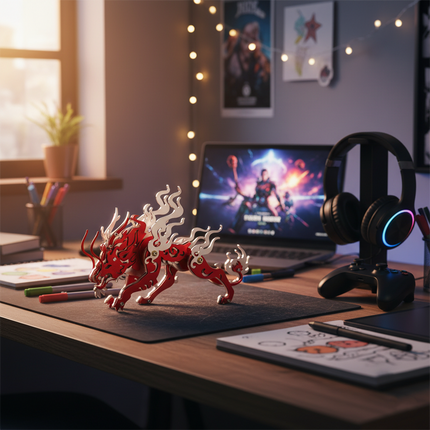 Red and white metal mythological creature 3D puzzle on a gaming desk with laptop, headphones, and fairy lights, a cool DIY metal model for a funny table setup