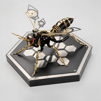 Completed black and gold metal insect model kit displayed on a hexagonal stand, a perfect puzzle métallique 3d for collectors.