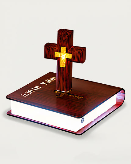 Table Funny Magnetic Levitation Religious Artwork - A distinctive creation for religious enthusiasts, decor admirers, and cultural design lovers, this piece from Table Funny features a magnetic levitation religious decor with a Bible-inspired base, a detailed wooden cross with a golden accent, and a thematic design. Highlighted by its floating symbolic silhouette, magnetic levitation technology, Christian cultural elements, and warm textural detailing