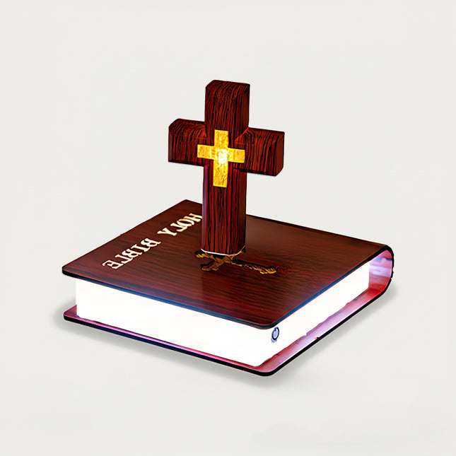 Table Funny Magnetic Levitation Religious Artwork - A distinctive creation for religious enthusiasts, decor admirers, and cultural design lovers, this piece from Table Funny features a magnetic levitation religious decor with a Bible-inspired base, a detailed wooden cross with a golden accent, and a thematic design. Highlighted by its floating symbolic silhouette, magnetic levitation technology, Christian cultural elements, and warm textural detailing