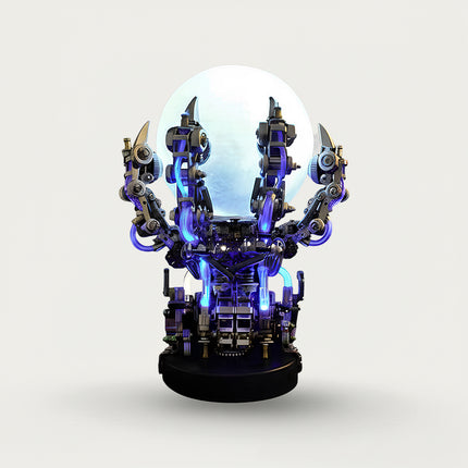Cyberpunk-style mechanical claw metal model holding a luminous orb. This challenging DIY 3D puzzle from our Metal Kits will make your table funny and futuristic.