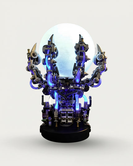 Cyberpunk-style mechanical claw metal model holding a luminous orb. This challenging DIY 3D puzzle from our Metal Kits will make your table funny and futuristic.